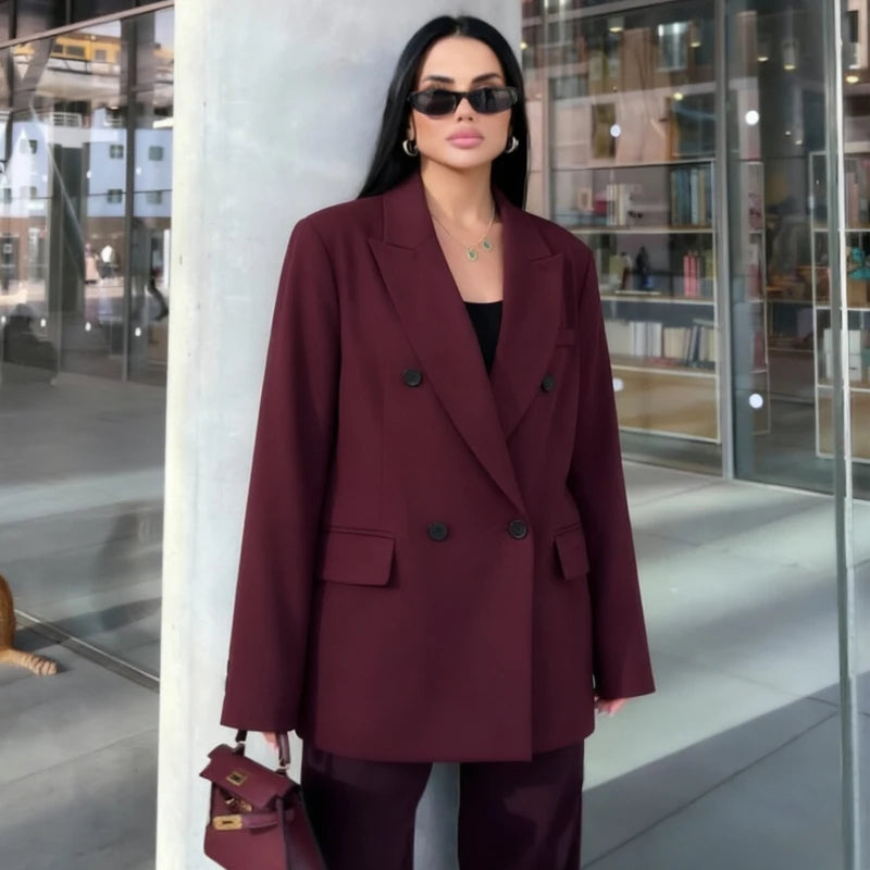 HXAO Burgundy Jacket Blazers Women's Long Sleeve Suit Jacket Office Wear Double-Breasted Long Blazer Woman Chic Oversized Blazer