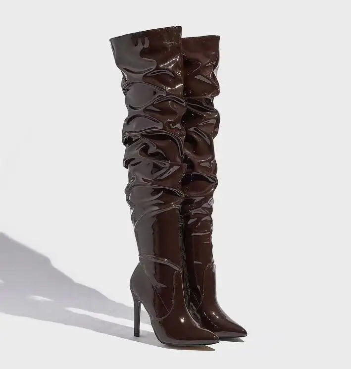 Women's Boots Over The Knee Shiny Pleated High Heel Boots Side Zip Womens Pumps Pointed Toe Stiletto Women Shoes Patent Leather