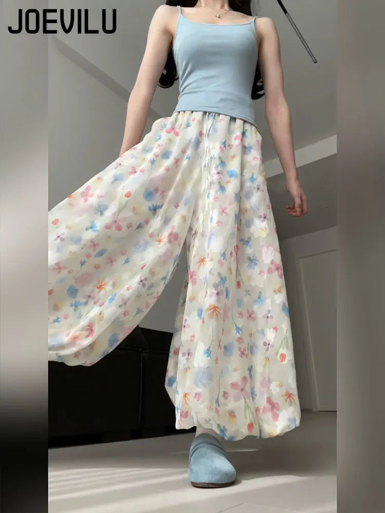 Summer French Style Floral Palazzo Pants Women High Waist Loose Boho Print Wide Leg Trousers with Drapery Comfortable & Elegant