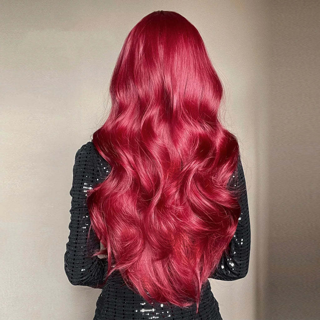 Wine Red Synthetic Wigs for Women Long Wavy Burgundy Red Hair Cosplay Wigs With Bangs Daily Halloween Heat Resistant Fake Hair
