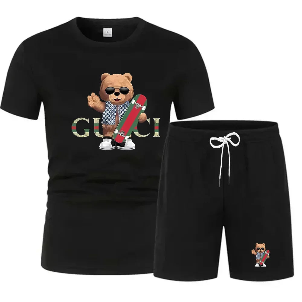 New summer fitness sportswear for men, short-sleeved T-shirt and shorts two-piece set, breathable and quick-drying casual wear.