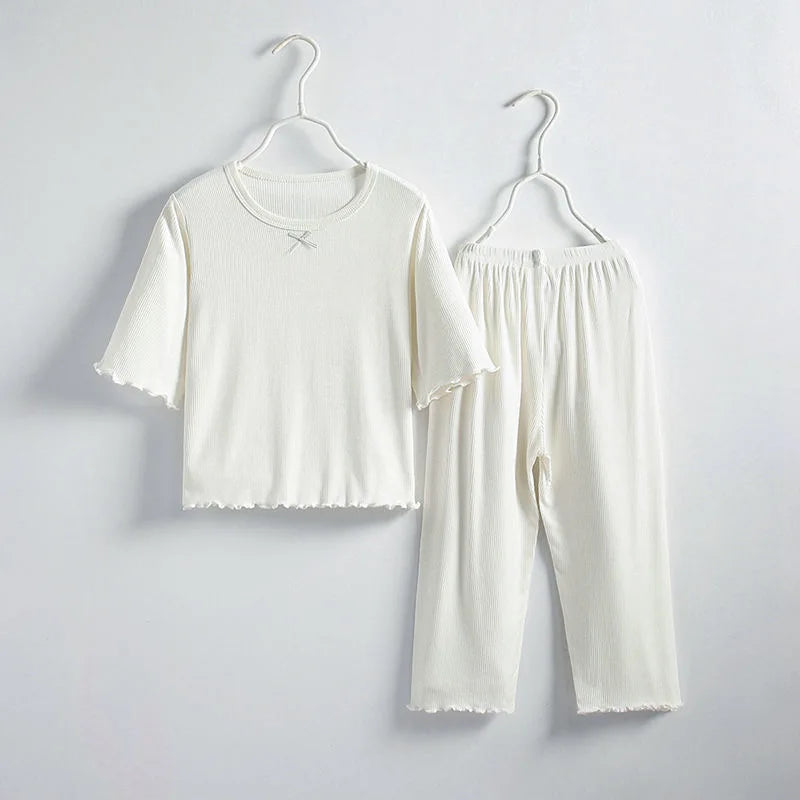 Girls' Short-Sleeved Pajamas, Summer Simple and Elegant Baby Home Clothes Set, Little Girls Can Wear Air-Conditioned Clothes Outside, Trendy
