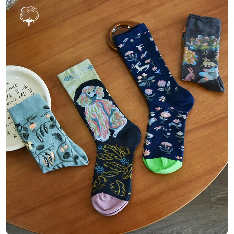 Trendy and Personalized Men Socks Hip Hop Oil Painting Abstract Sock Mouth Letter Embroidery Autumn Mid Tube Socks Women носки
