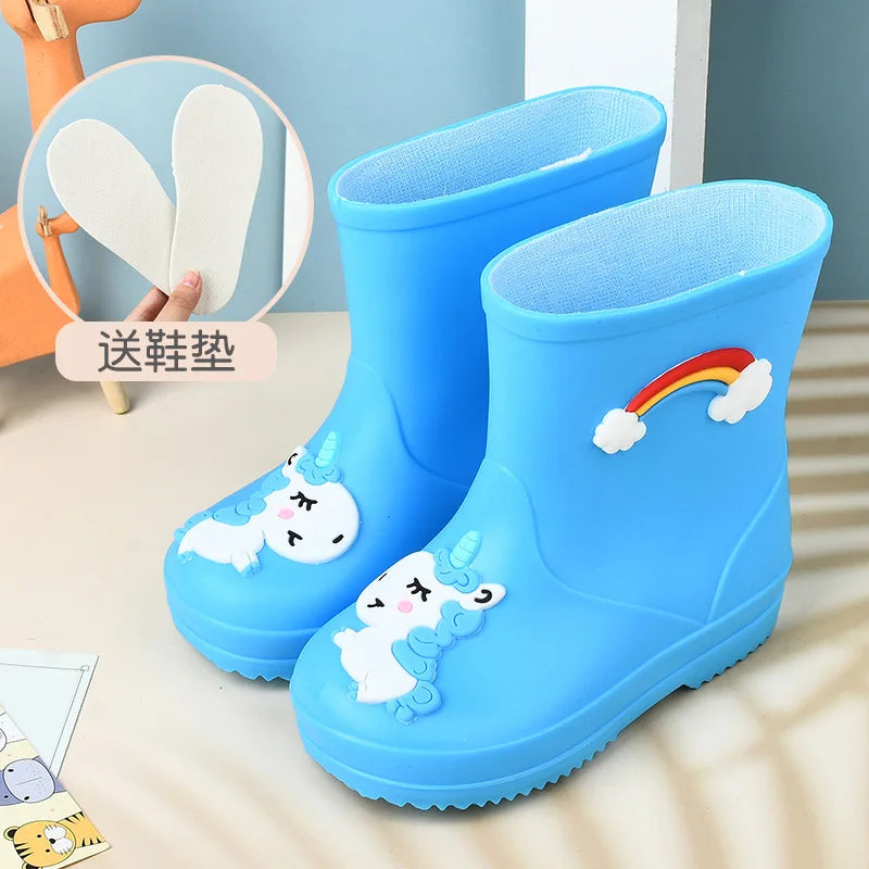 New Kids Rain Boots Boys Girls Rainbow Water Shoes Toddlers Garden Shoes Kids Cartoon Drawstring Non-Slip Rain Boots Comfortable