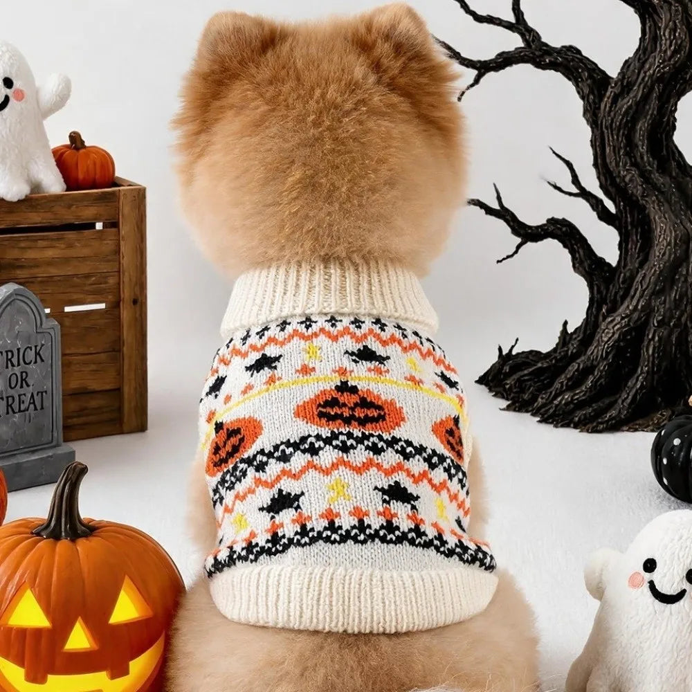 Pet Costumes Warm Halloween Pet Sweater Knitwear High Neck Dog Pumpkin Pattern Coat Soft Cozy Pet Clothing Daily Wear