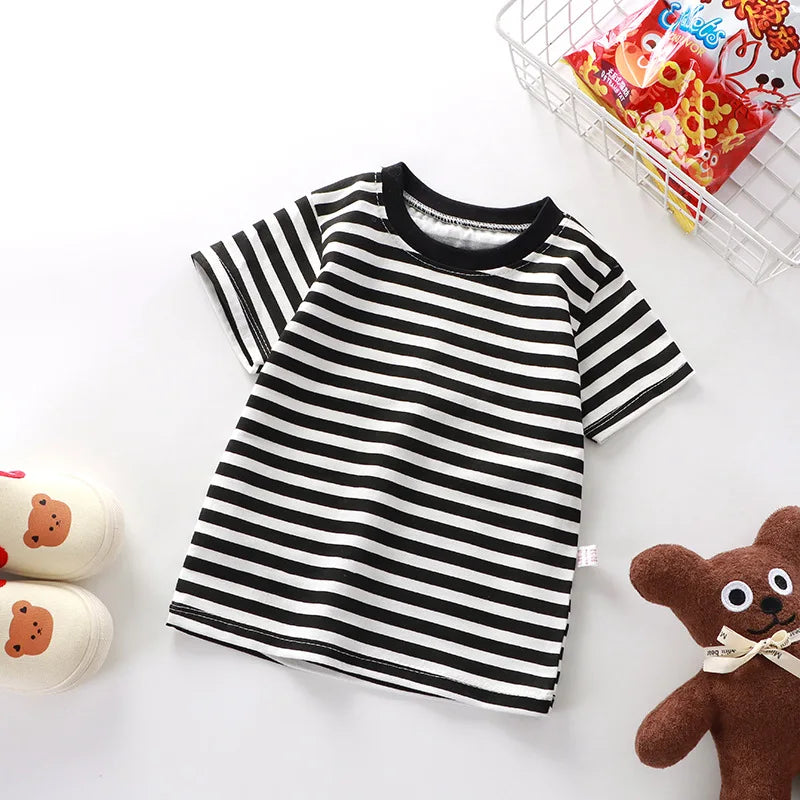 1pcs Kid 100% Cotton Short Sleeve T-shirt Summer Baby Comfortable Clothes Boys Girls Stripe Tee Children Breathable Leisure Tops