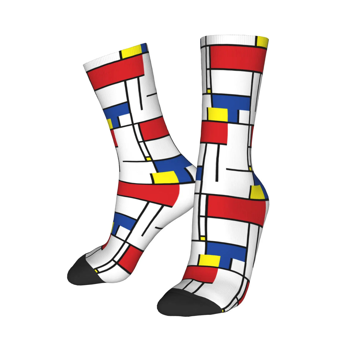 Custom Color Art Retro Mondrian Men Women Crew Socks Unisex Fashion 3D Printed Abstract Art Plaid Dress Socks