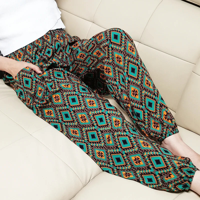 Cool Summer New Silk Cotton Spwear Loose Women's Wide Leg Pants Home Wear Floral Print Heat Resistant Comfortable Casual T...