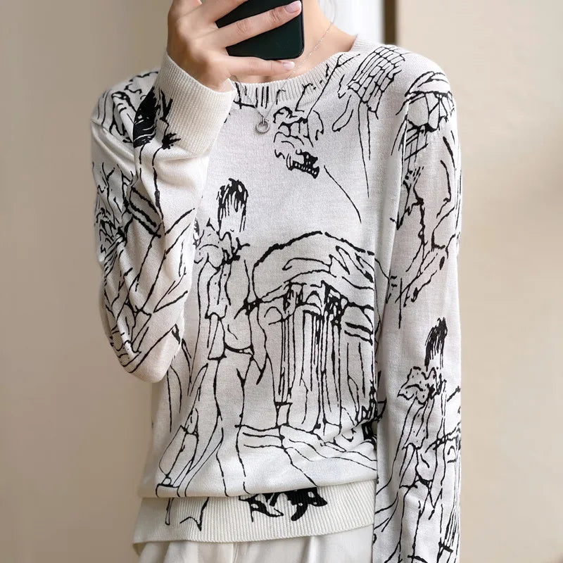 Summer Trendy Fine Imitation Wool Knitted T-Shirt Women's Short-Sleeved Top Graffiti Digital Jacquard Pullover Ladies Sweater