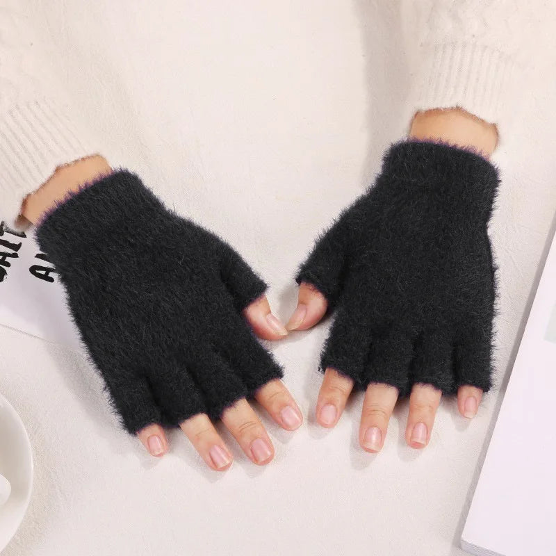 Fuzzy Gloves Women Winter Soft Warm Fashion Writing Gloves Office Typing Student Solid-Color Minimalist Ladies Half-Finger Glove