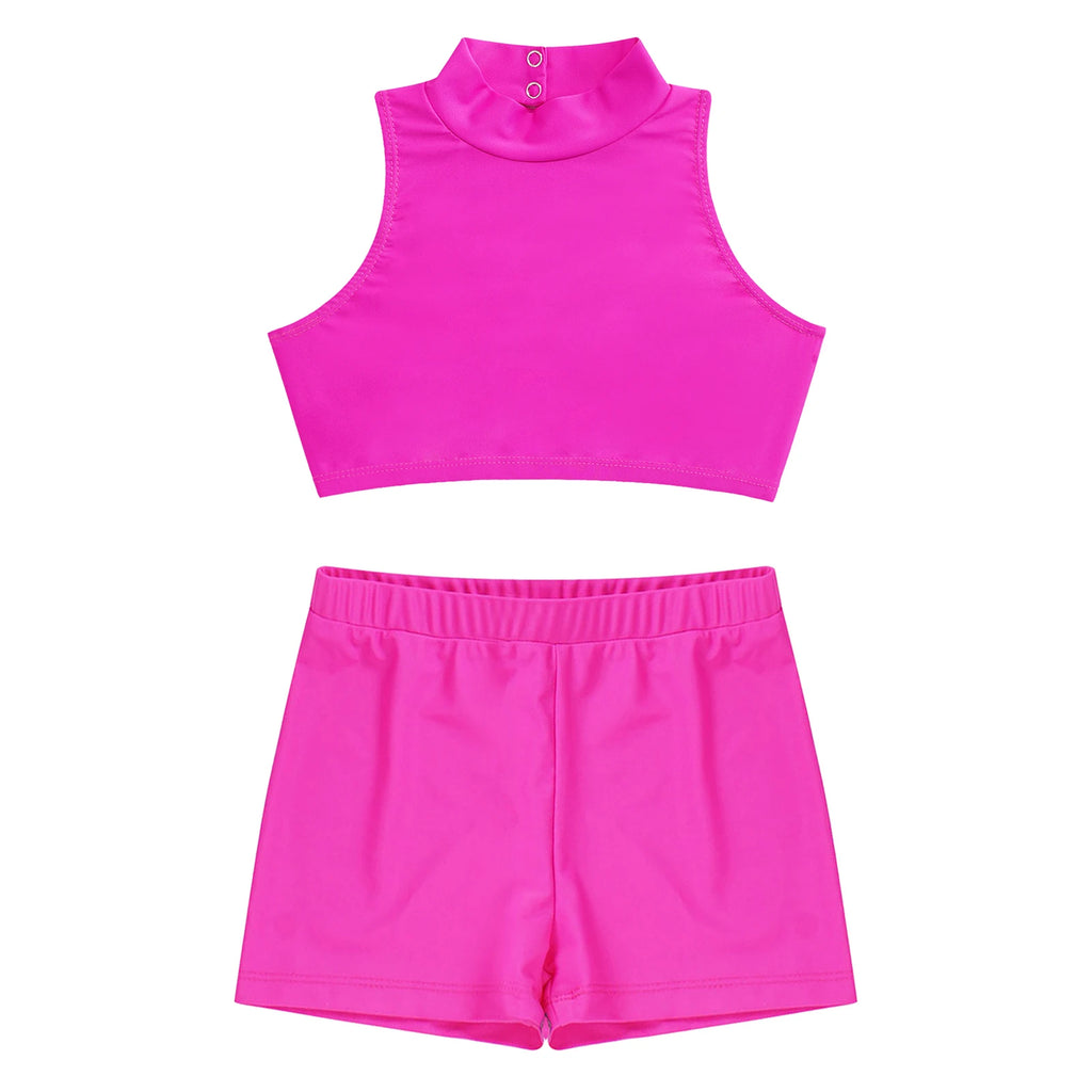 Kids Girls Swimwear 2Pcs Sleeveless Mock Neck Tank Crop Top Vest+Shorts Pants for Beach Pool Swimming Bathing Suit Sportswear
