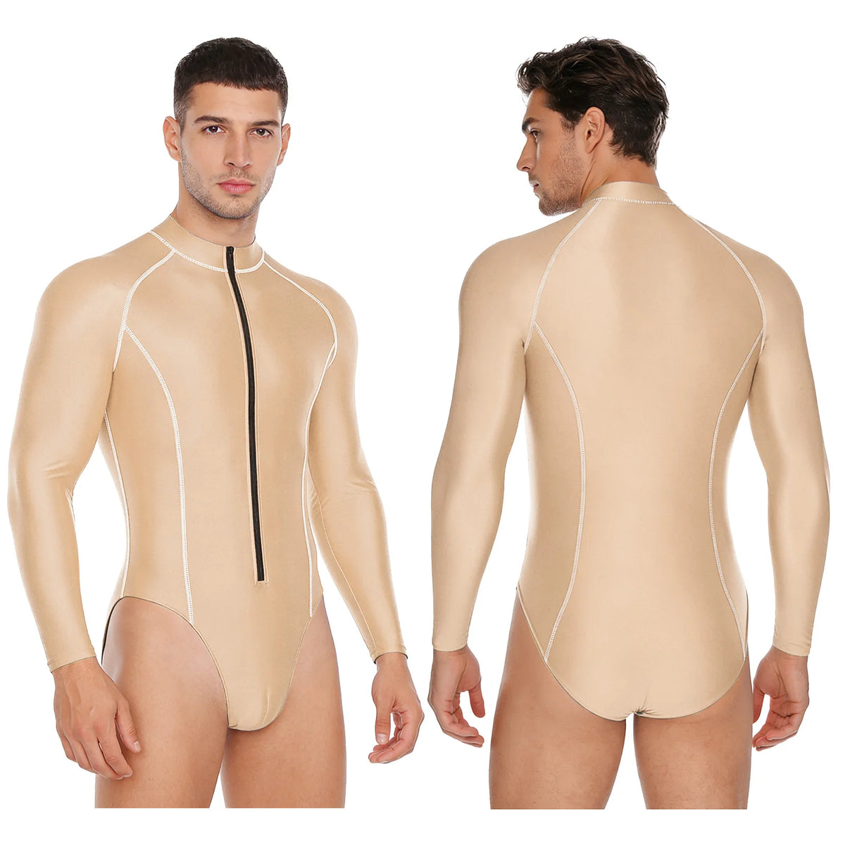 Men Swimsuit Glossy Bodysuit Rash Guard Wetsuit Swimwear Beach Surfing Sports Workout Romper Long Sleeve Zipper Silky Jumpsuit