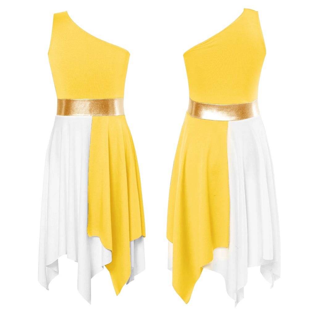 Kids Girls Etiquette Praise Dance Dress Sleeveless Church Christian Worship Costume Asymmetrical Tunic Contemporary Dance Dress