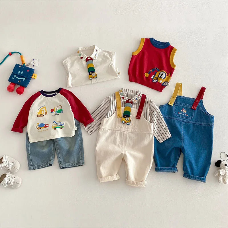 MILANCEL Spring Kids Shirts 9M-5T Cartoon Colorful Car Girls Blouse Engineering Vehicle Series Boys Clothes Children Pants