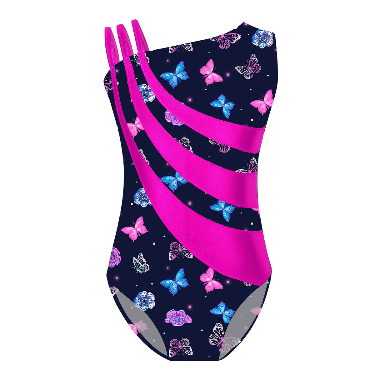 Kids Girls Gymnastics Swimsuit for Dancing Ballet Dancewear Metallic Shiny Leotard Print Asymmetrical Shoulder Strap Bodysuit