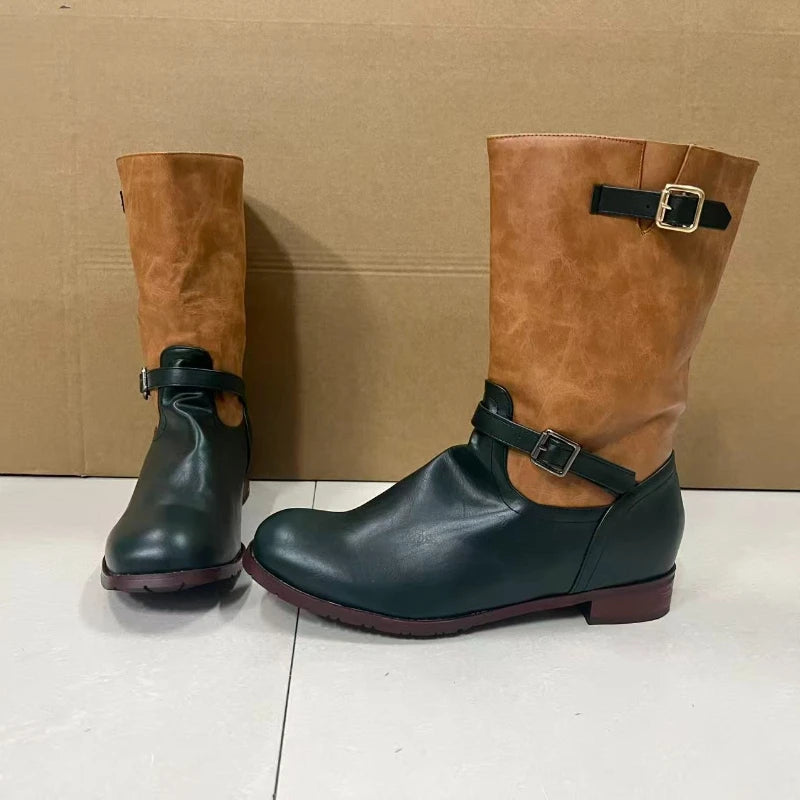 Men's Boots PU Leather Boots Retro Outdoor Western Cowboy Boots Round Toe Belt Buckle Mid-Calf Boot Slip on Plus Size Long Boot