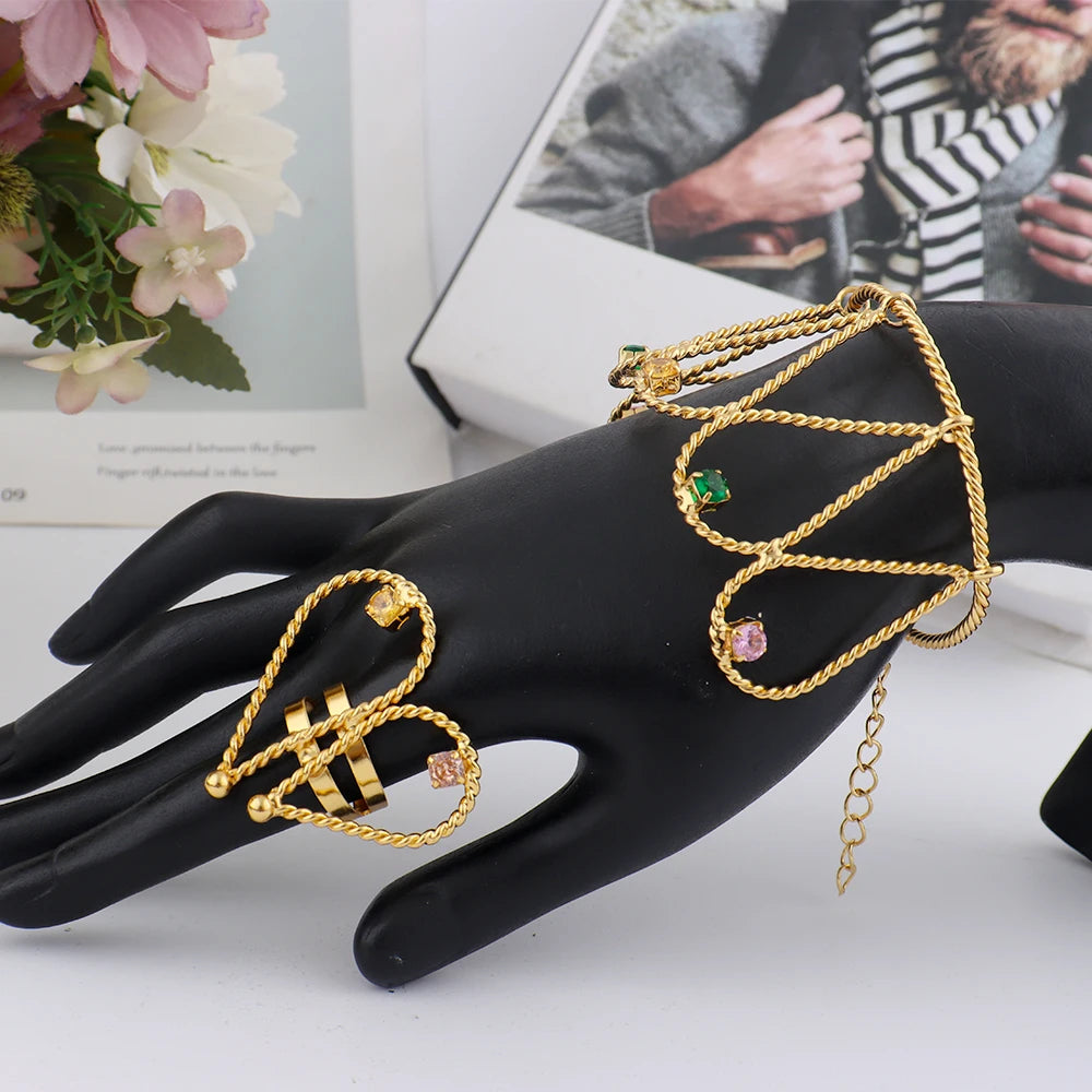 Fashion High Quality Gold Plated Women Jewelry Set Simple Lines Earrings Ring Colored Zircon Necklace Bangle For Wedding Party