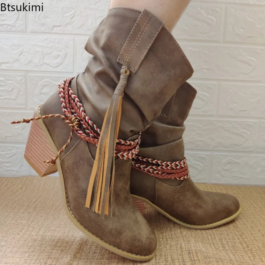 2026 Women's Brown Western Boots Autumn and Winter High Heels Short Boots Retro Pointed Toe Chunky Heels Ankel Boots for Women