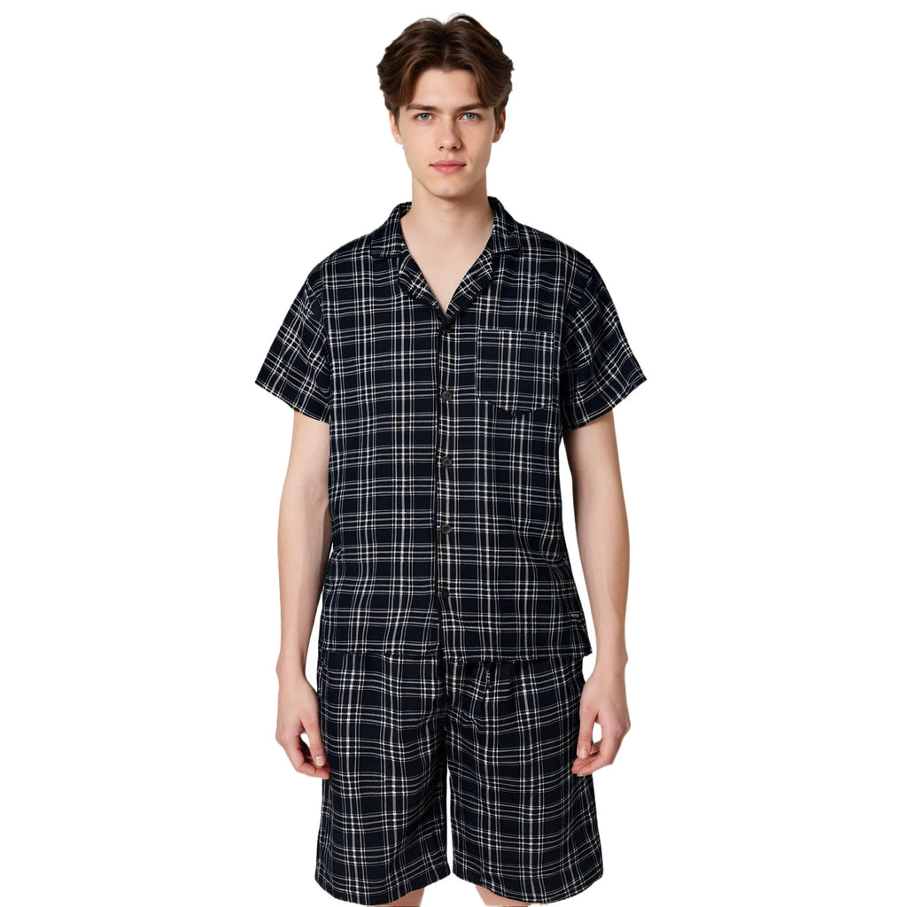 Mens Pajamas Set for Summer Short Sleeve Button Down Shirts Shorts Plaid PJ Set Soft Lounge Set Sleepwear M-XL