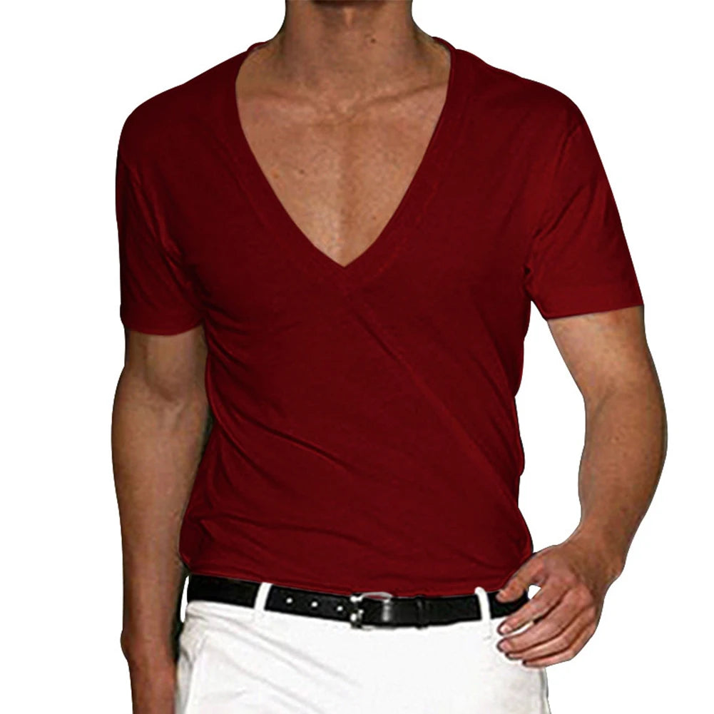 Summer Men's Short Sleeve T-Shirts Deep V Neck Solid Color Gym Muscle Fitness Undershirt Tee Tops T Shirt For Men Clothing