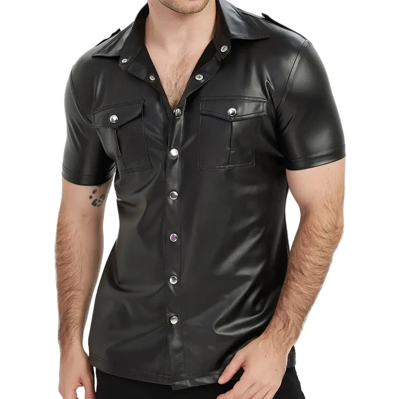 Men Fashion Faux Leather Shirts Short Sleeve PU Leather T-Shirt Street Style Button-Up Jacket Party Nightclub Dance Tops