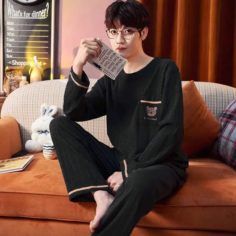 Pajamas for Men, Spring and Autumn Long-Sleeved Cardigans, Home Clothes, Can Be Worn Outside, Autumn and Winter Thin Large Size Two-Piece Set