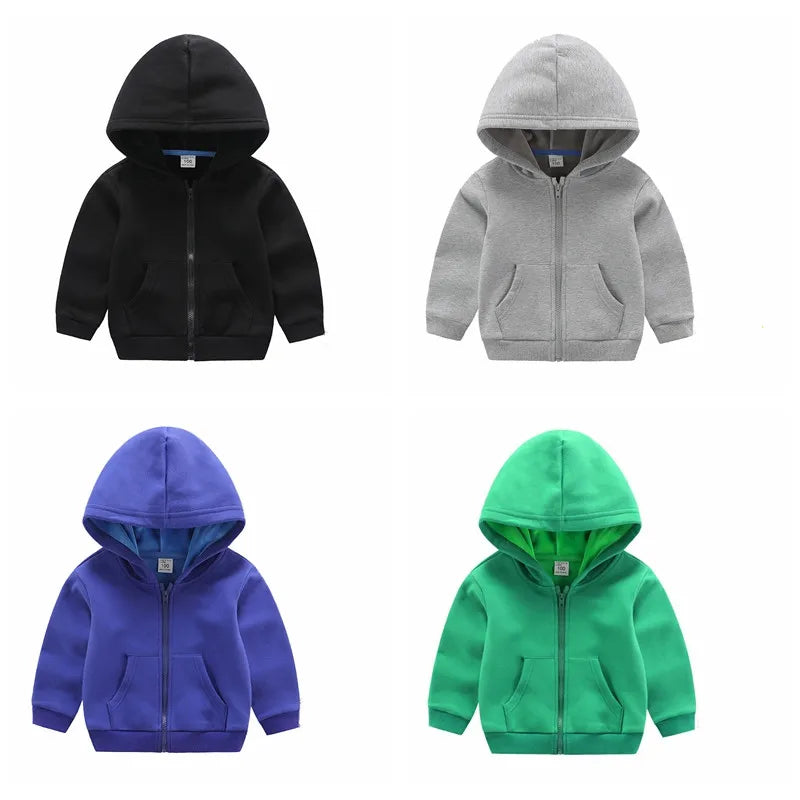 Winter Toddler Girls Boys Warm Hooded Sweatshirt Jacket Children Solid Color Plus Velvet Zipper Coat Baby Kids Hoodies Outerwear