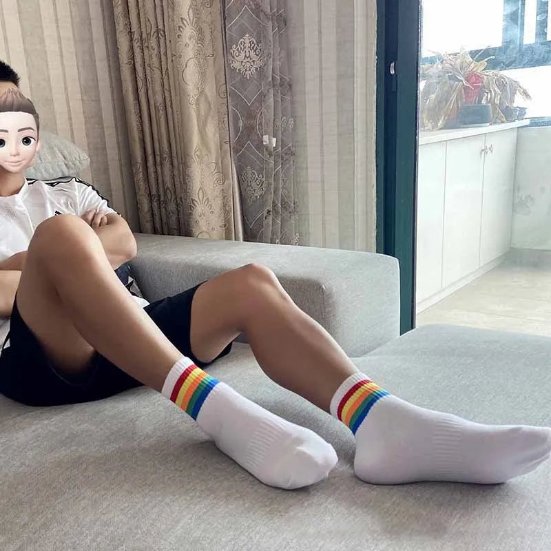 Mens Socks Fashion Hip Hop Cotton Rainbow Stripes Classic Warm Casual Tide Harajuku Funny Pop Korean Socks skarpetki meskie Sox