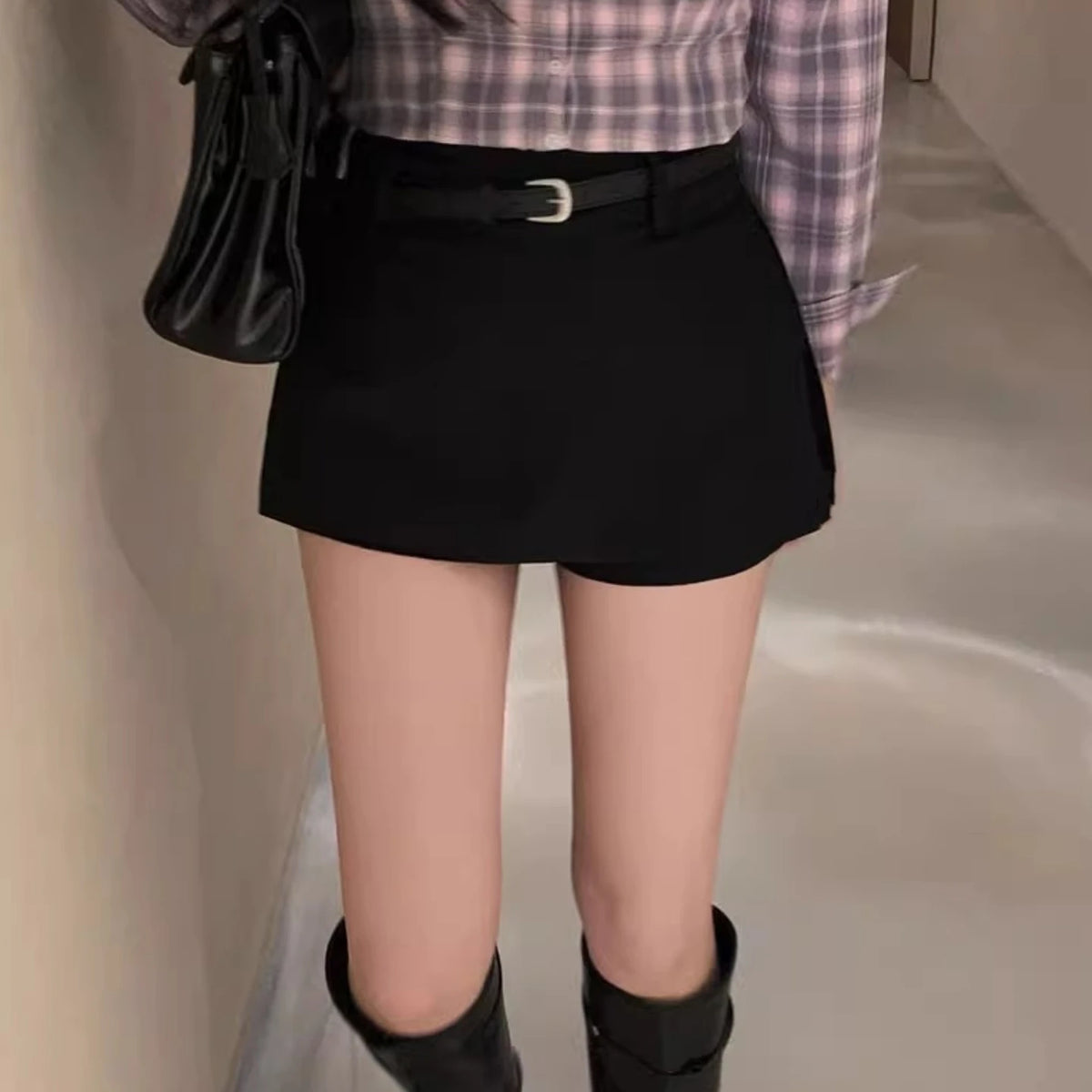 High Waist A-Line  Skirt Suit Bla Women's Korean Sle Belted f-length Skirt Commute Stand Fit Summer Collection
