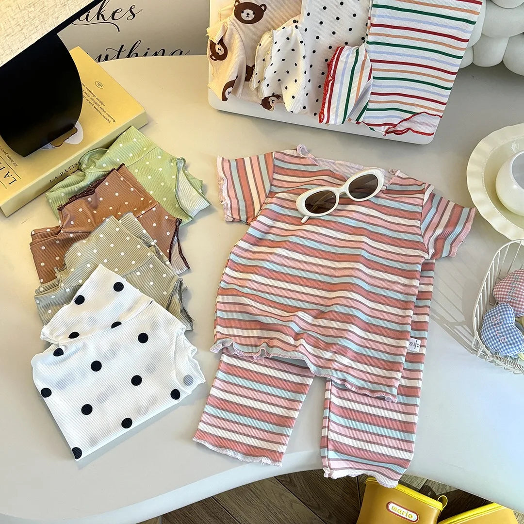Kids Summer Striped Polka Dot Pajamas Set Baby Girls Short Sleeve Tops+Pants 2PCS  Soft Breathable Loungewear Clothes Set