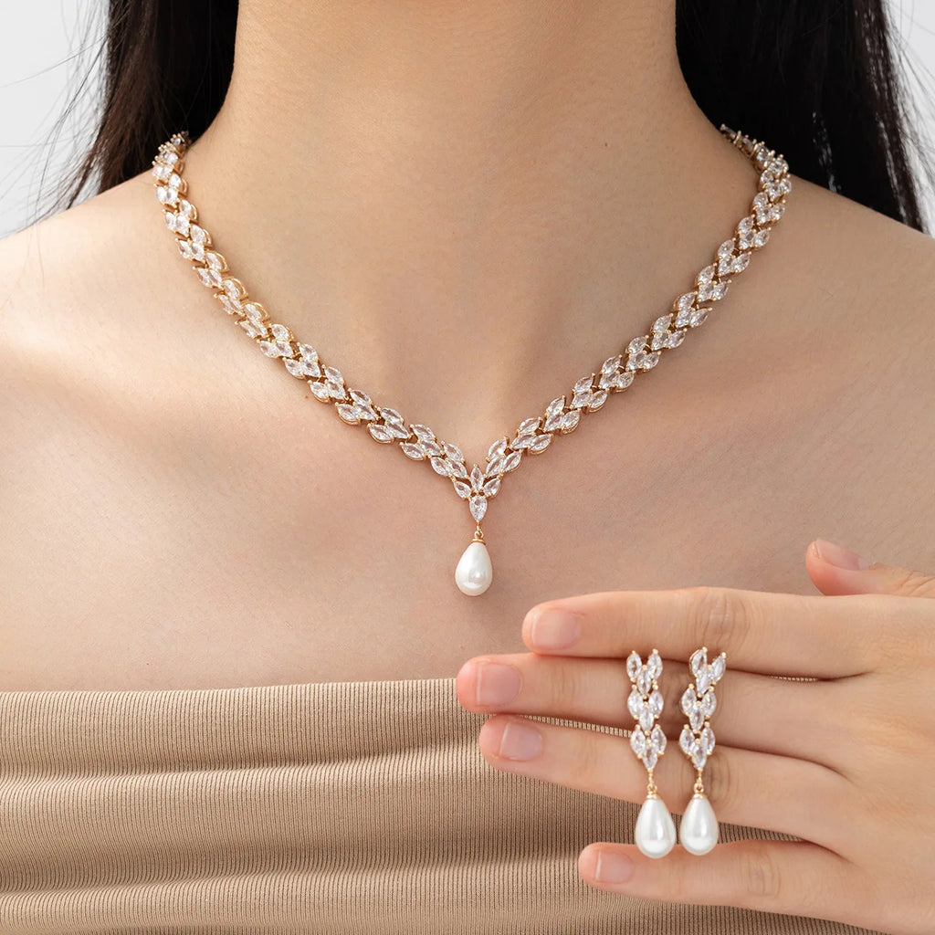 Luxury Bridal Jewelry Set For Women Zirconia Pearl Pendant Necklace Earring Set For Wedding Party Bride Necklace Set Accessories
