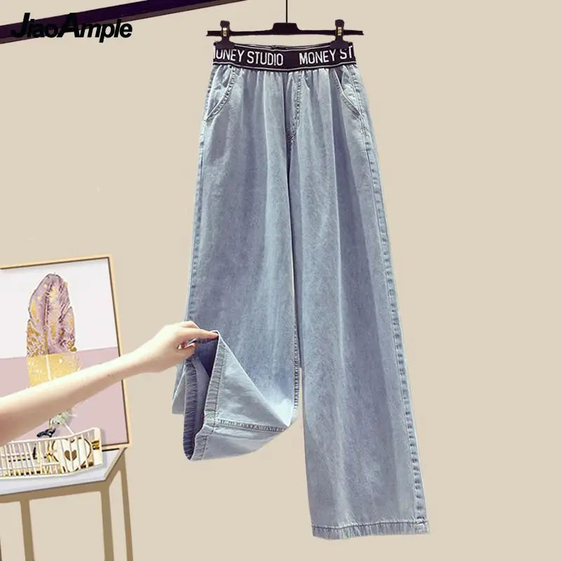 Women 2026 Spring Summer New Sunscreen Shirt+Striped Vest+Wide Leg Jeans 3 Piece Suit Korean Elegant Denim Pants Matching Set