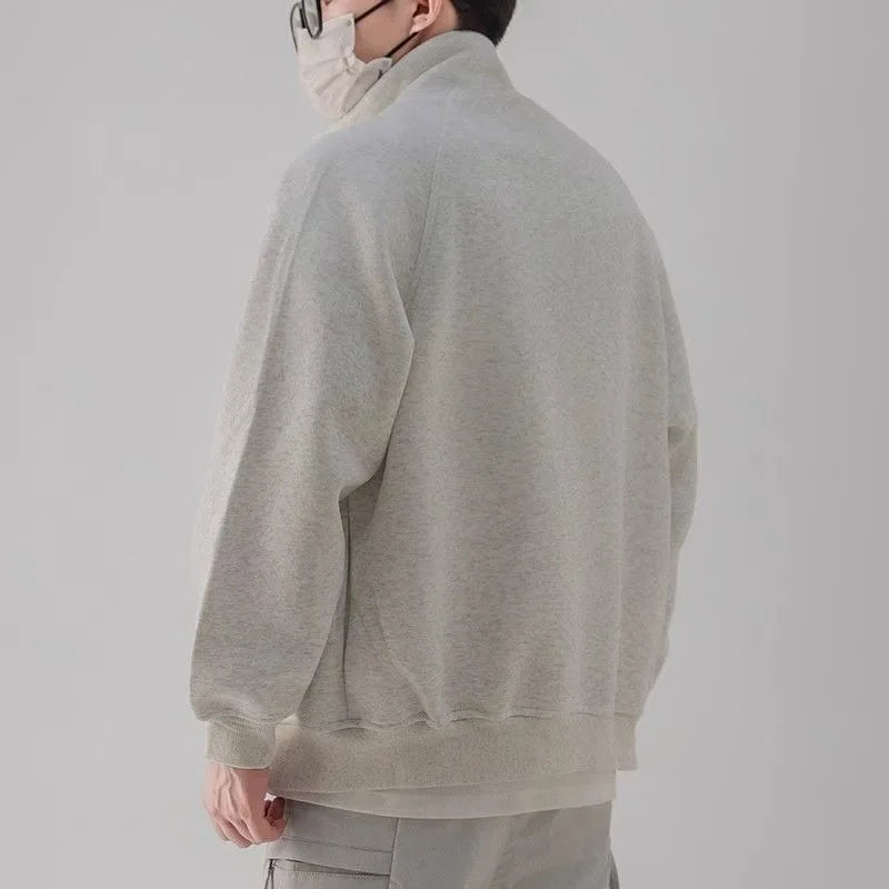 Solid Color Stand Collar Zipper New Sports Men's Loose Casual Versatile Jacket Cardigan Sweater