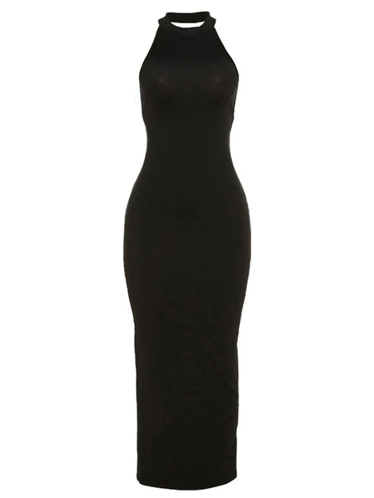 Sexy Backless Halter Elegant Bandage Maxi Dress Outfits for Women Sleeveless Summer Club Party Black Gown Dresses