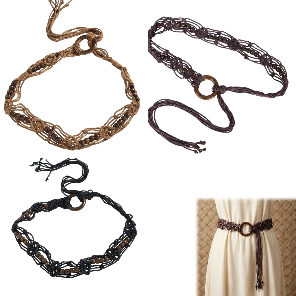 Bohemian Woven Belt for Women with Wooden Buckle Handcrafted Adjustable Long belts Skirt Accessory Stylish Casual Use