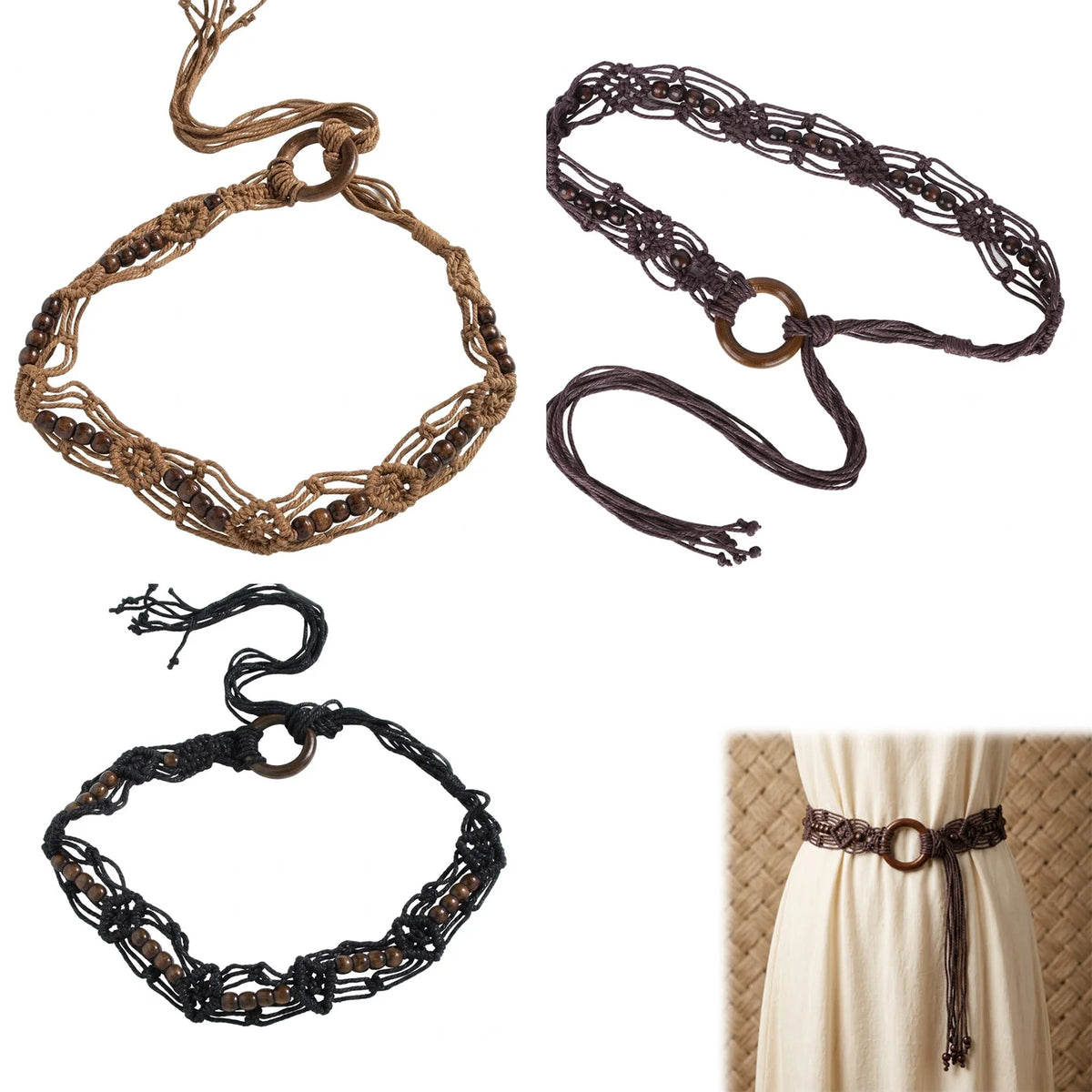 Bohemian Woven Belt for Women with Wooden Buckle Handcrafted Adjustable Long belts Skirt Accessory Stylish Casual Use