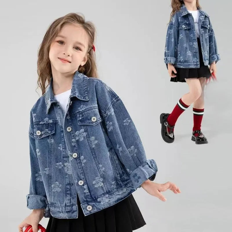 Girls Denim Jackets New Kids Fashion Cartoon Outerwear Children Long Sleeve Casual Clothing 4-14 Years Teenager Trends Coats