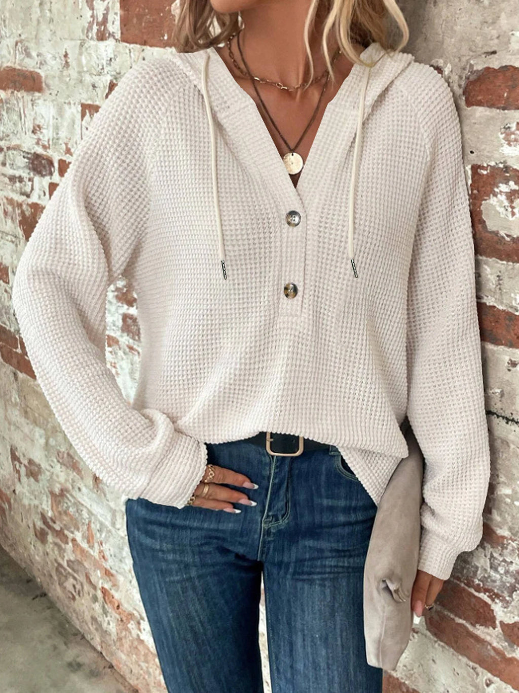 Women's Solid Color Hooded Button Loose Long Sleeved Hoodie Autumn/Winter 2023 Fashion Comfortable Casual Sweatshirt