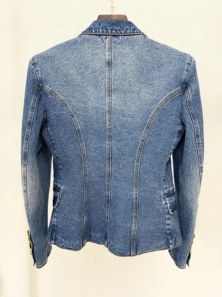 HIGH STREET Newest 2026 Designer Runway Blazer Women's Slim Fitting Double Breasted Lion Buttons Denim Jacket Mini Skirt