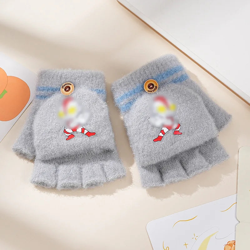 Children's Warm Gloves for Boys and Girls Cartoon Cute Half Finger Knitted Winter Flip Cover Baby Thick Cold Proof Five Fingers