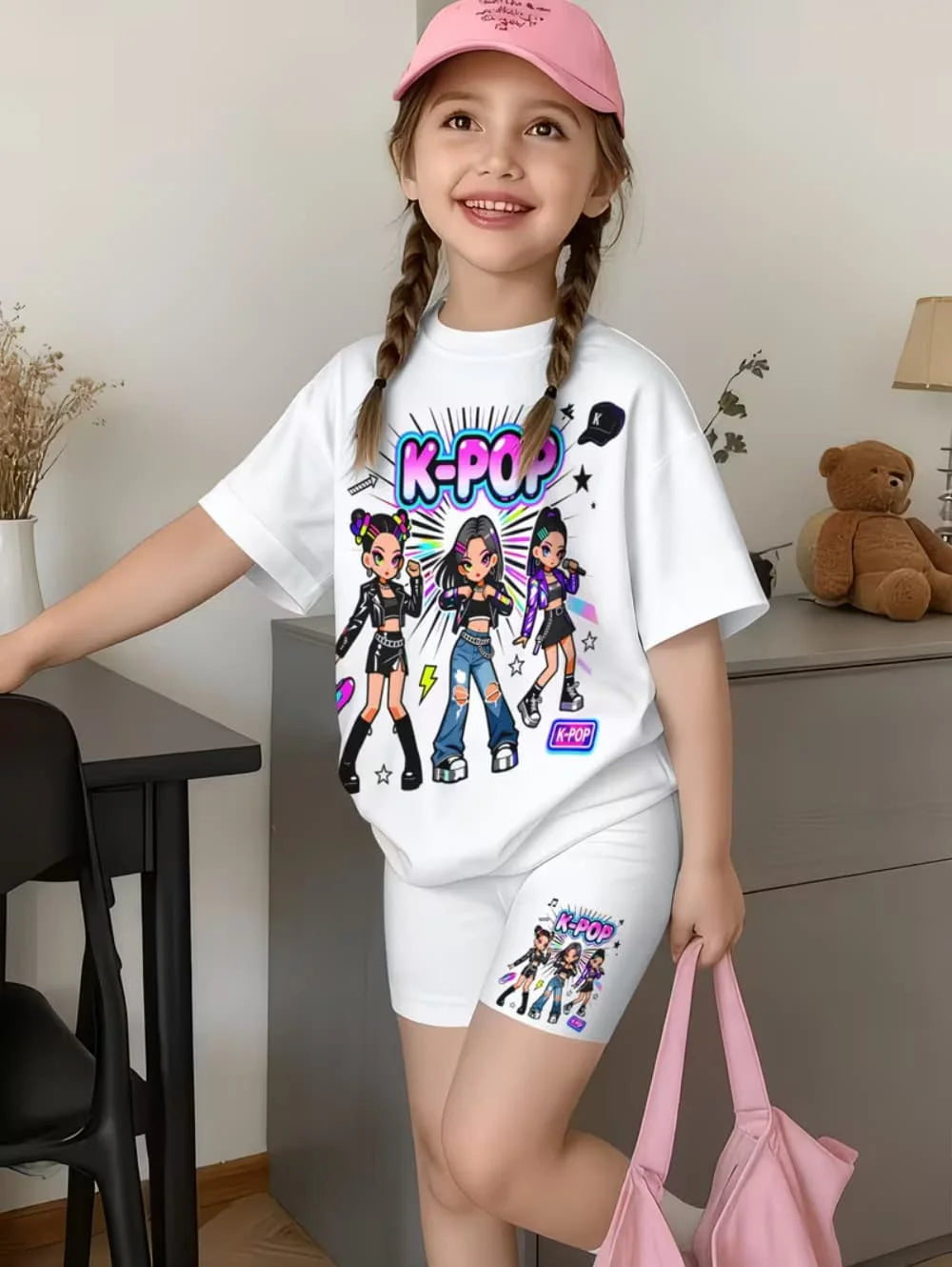 Kpop Cartoon Print Pajamas Sets Kids T-Shirts Funny Gift Harajuku Kids Short Summer Tops Short Sleeve Sets Children's Clothing