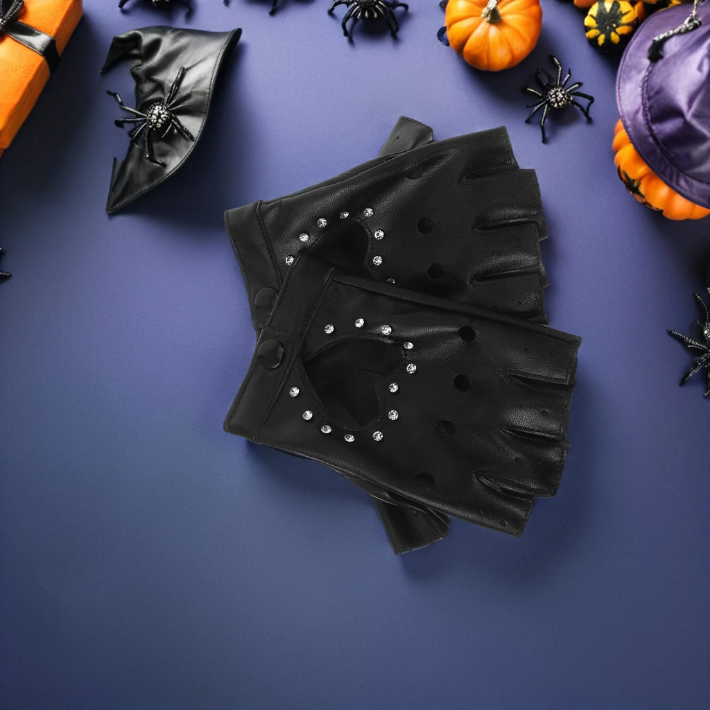 Children Dance Gloves: Kids Fingerless Black Gloves Heart Cutout Sparkly Design Pu Costume For Halloween Party Performance