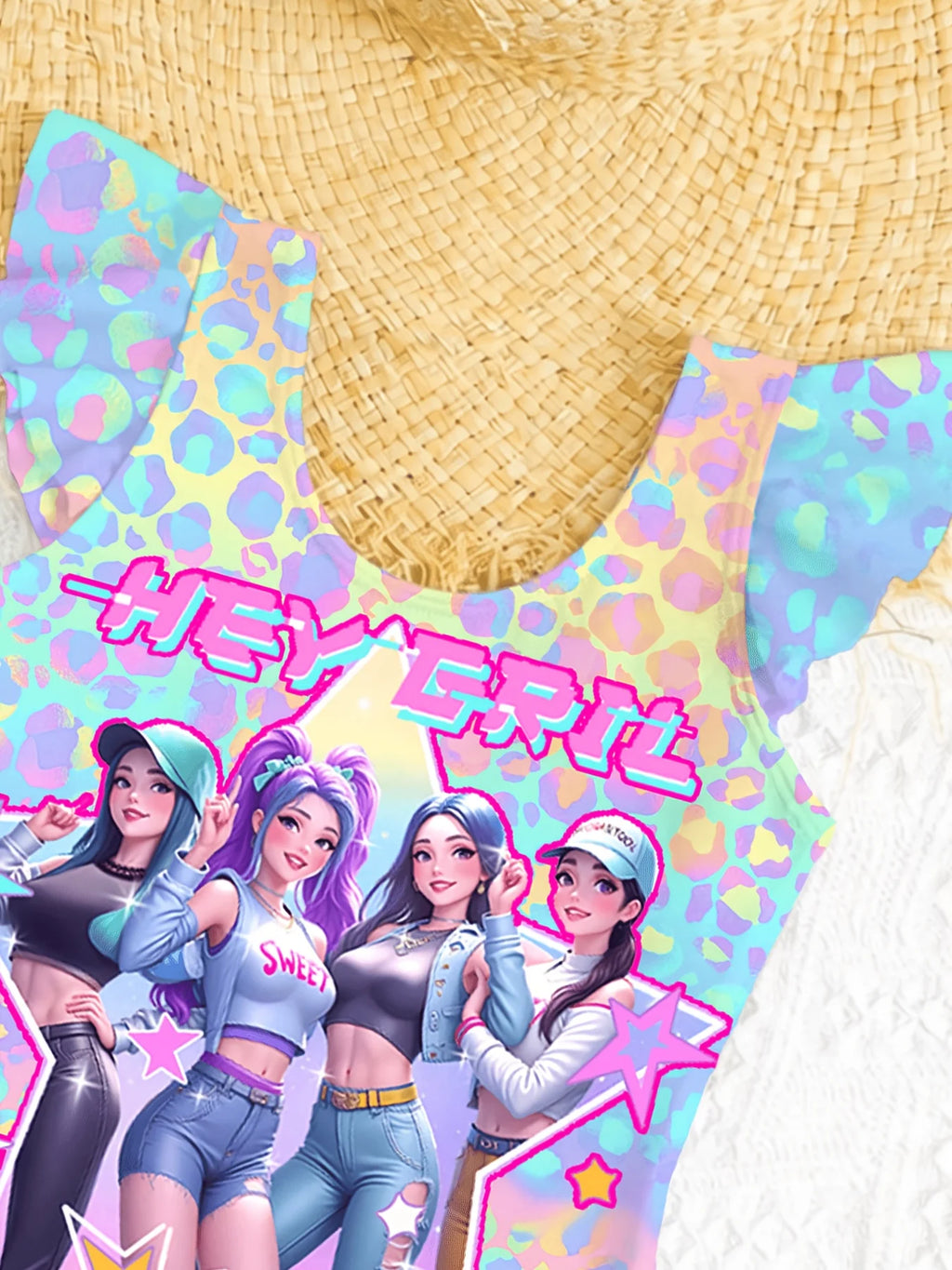 Girls' Summer Casual Swimwear, Children's One-Piece Swimsuit, Beach Dress, Two-Piece Girls' Swimsuit, Gradient Rainbow Cartoon Print, Sweet and Cute, Suitable for Girls Aged 4-12, Pool and Beach Clothes