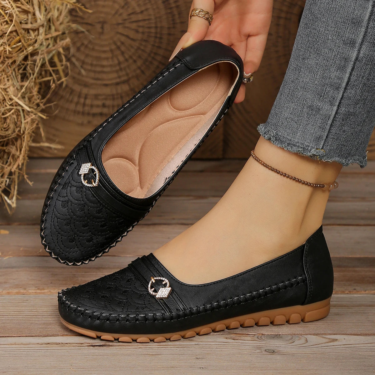 goreyodoly Women Comfortable Slip-On Loafers, Lightweight Breathable Wide Fit Flats with Embroidery & Rhinestone Buckle