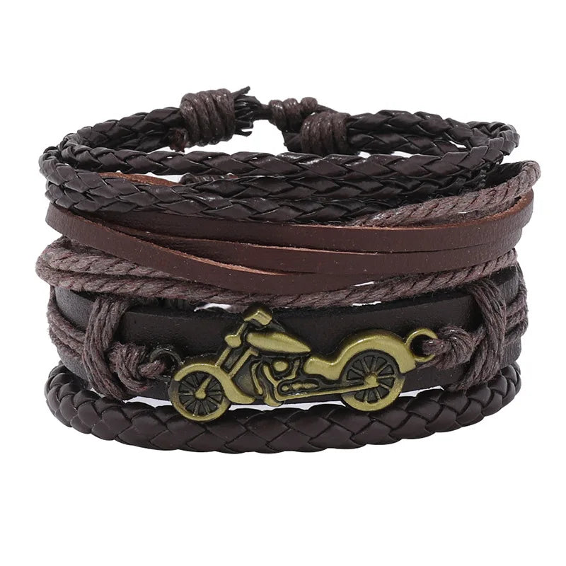 Fashion Bracelet For Men Hand Bangles Woven Alloy Motorcycle Hand Jewelry Adjustable Leather 4Pcs/Set Bracelet For Leather