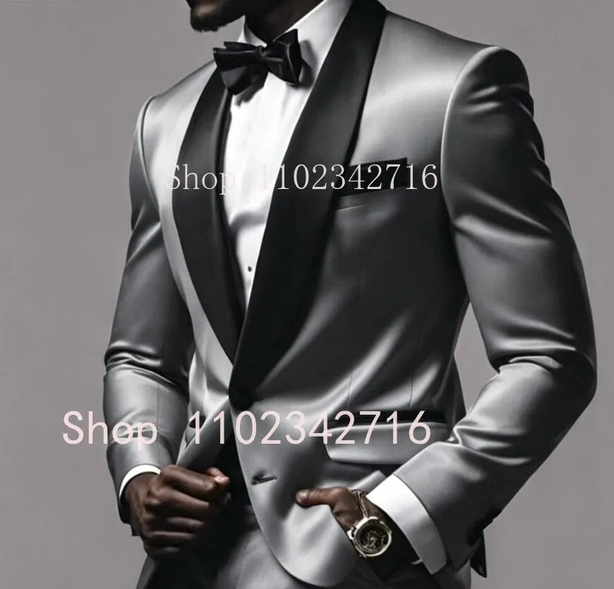 New Luxury Red Satin Men Suits 2025 Shawl Lapel Single Breasted Wedding Blazer 2 Piece Jacket Pants Formal Prom Party Suit Male