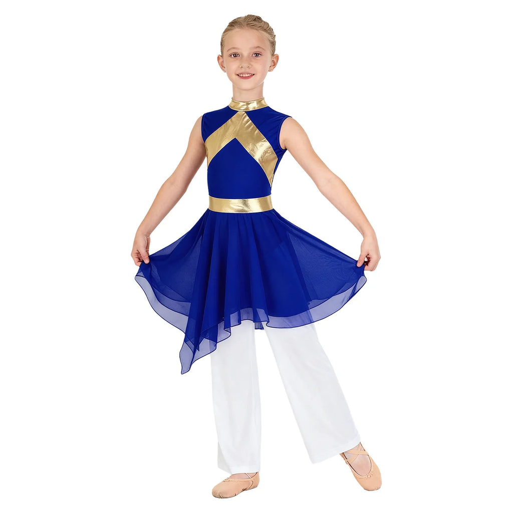 Kids Girls Liturgical Dance Outfits Sleeveless Asymmetrical Hem Contrast Color Dress Sequin Bodice Tunic with Wide-Leg Pants Set