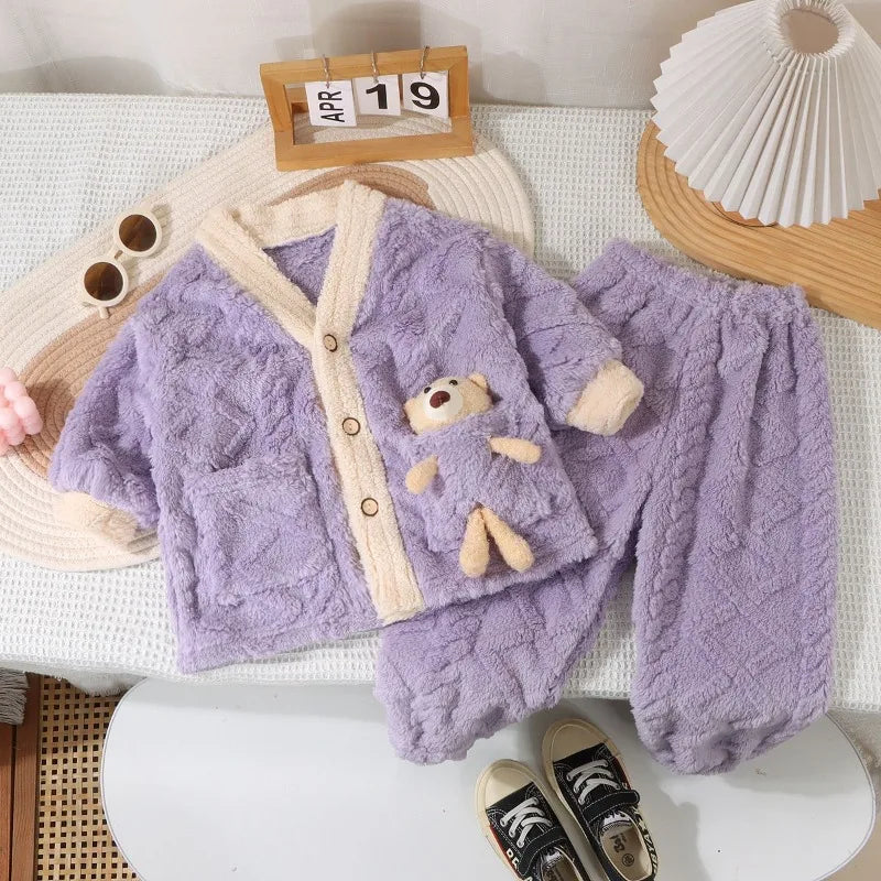 Boys and Girls Pajamas Pajamas Children's Fleece Thickened Coral Thermal Medium and Older Children's Loungewear Pajama Set