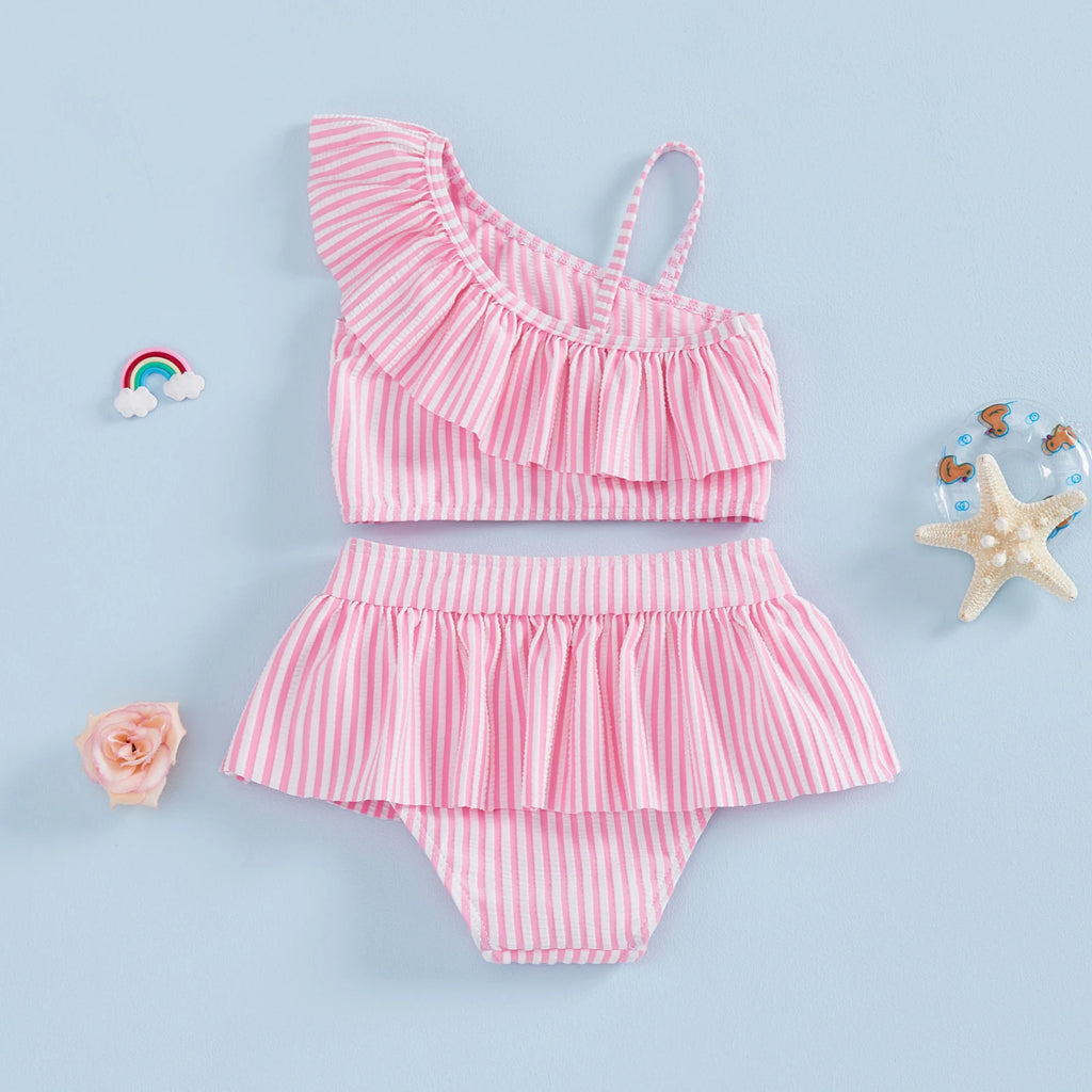 1-5Y Toddler Girls 2pcs Bikini Sets Kids Striped One Shoulder Asymmetric Swimsuit Ruffled Swimwear Summer Beach Bathing Suit