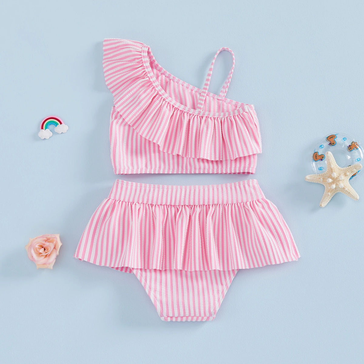  1-5Y Toddler Girls 2pcs Bikini Sets Kids Striped One Shoulder Asymmetric Swimsuit Ruffled Swimwear Summer Beach Bathing Suit